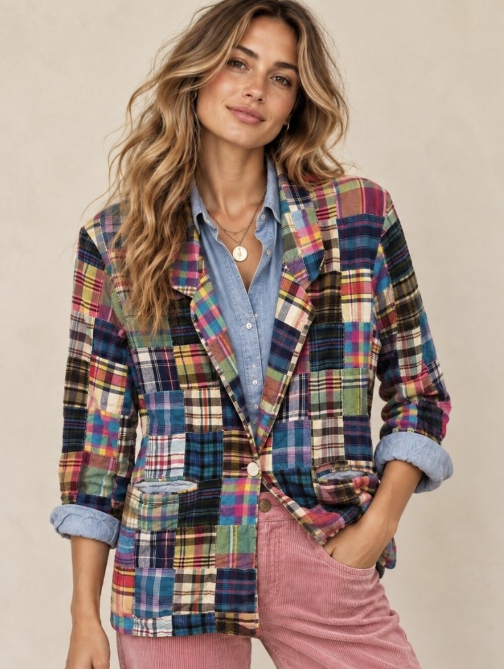 Vintage 90s Tangibles Patchwork Madras Plaid Cotton Blazer Boho Art to Wear Sz S